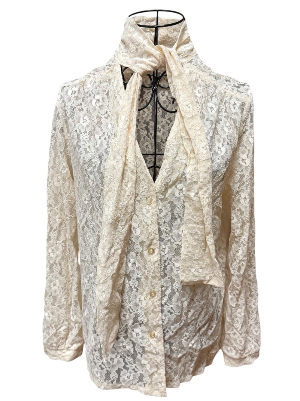 Vintage Victorian Style Cream Lace Tie-Neck Blouse Medium